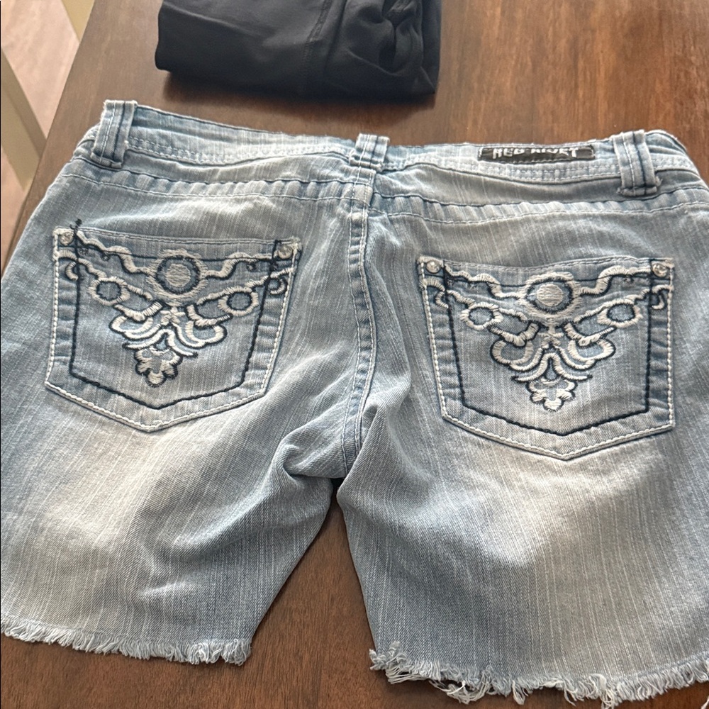 Red Rivet Light Blue Distressed Denim Shorts